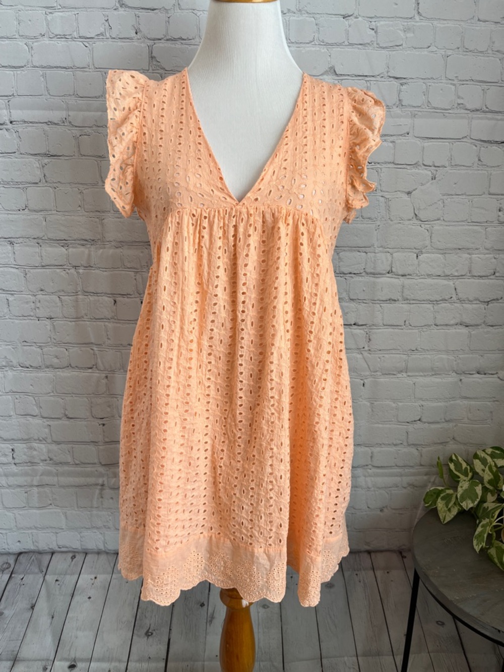 Peach Eyelet V-Neck Flutter Sleeve Dress